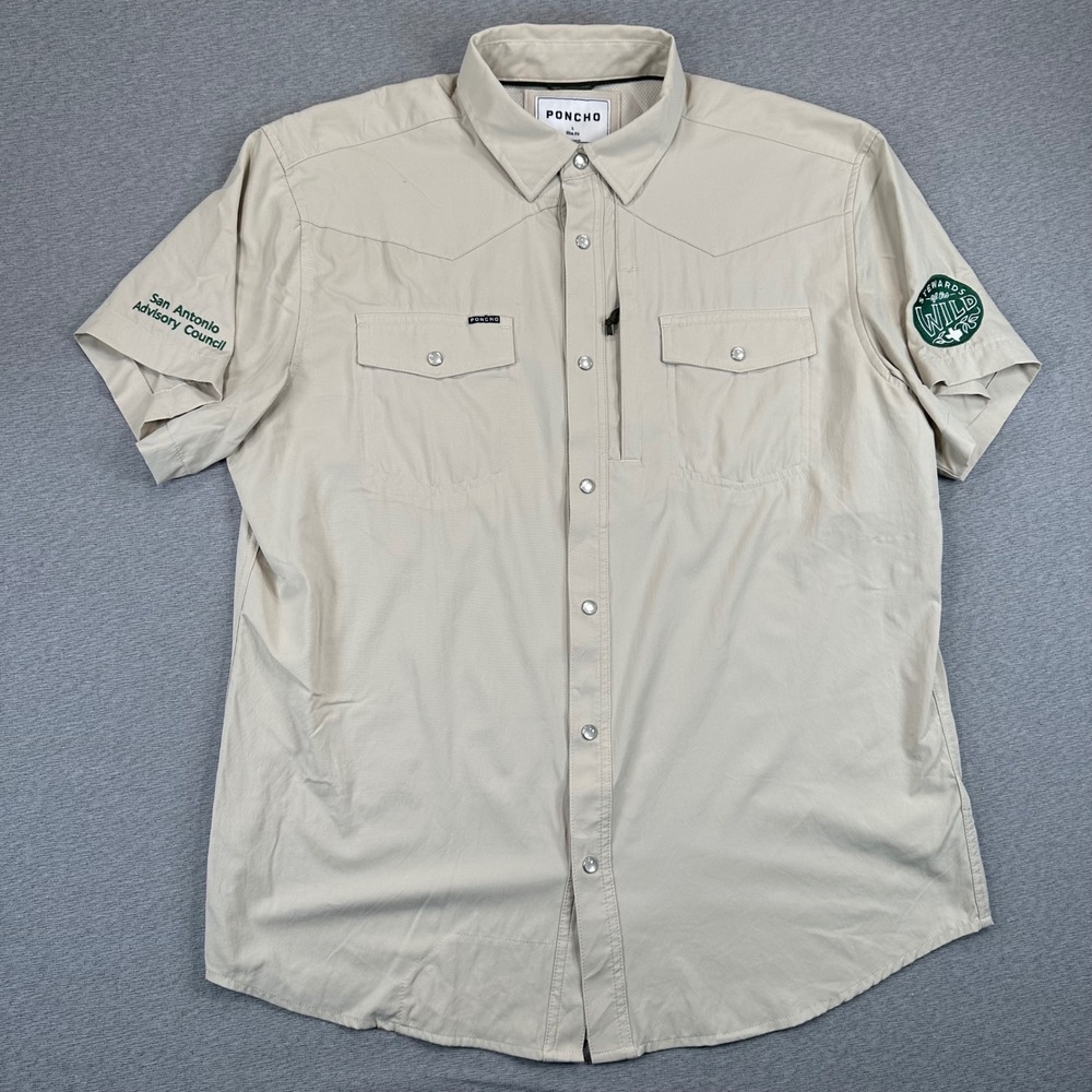 Poncho Outdoors Shirt Mens L Slim Fit Tan Western Pearl Snap Short Sleeve Logo*